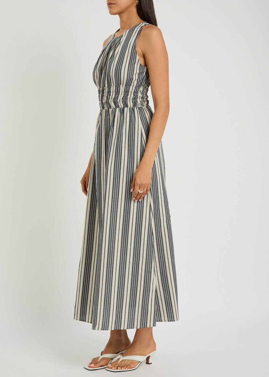 Faithfull The Brand Callista Striped Cotton Midi Dress Navy