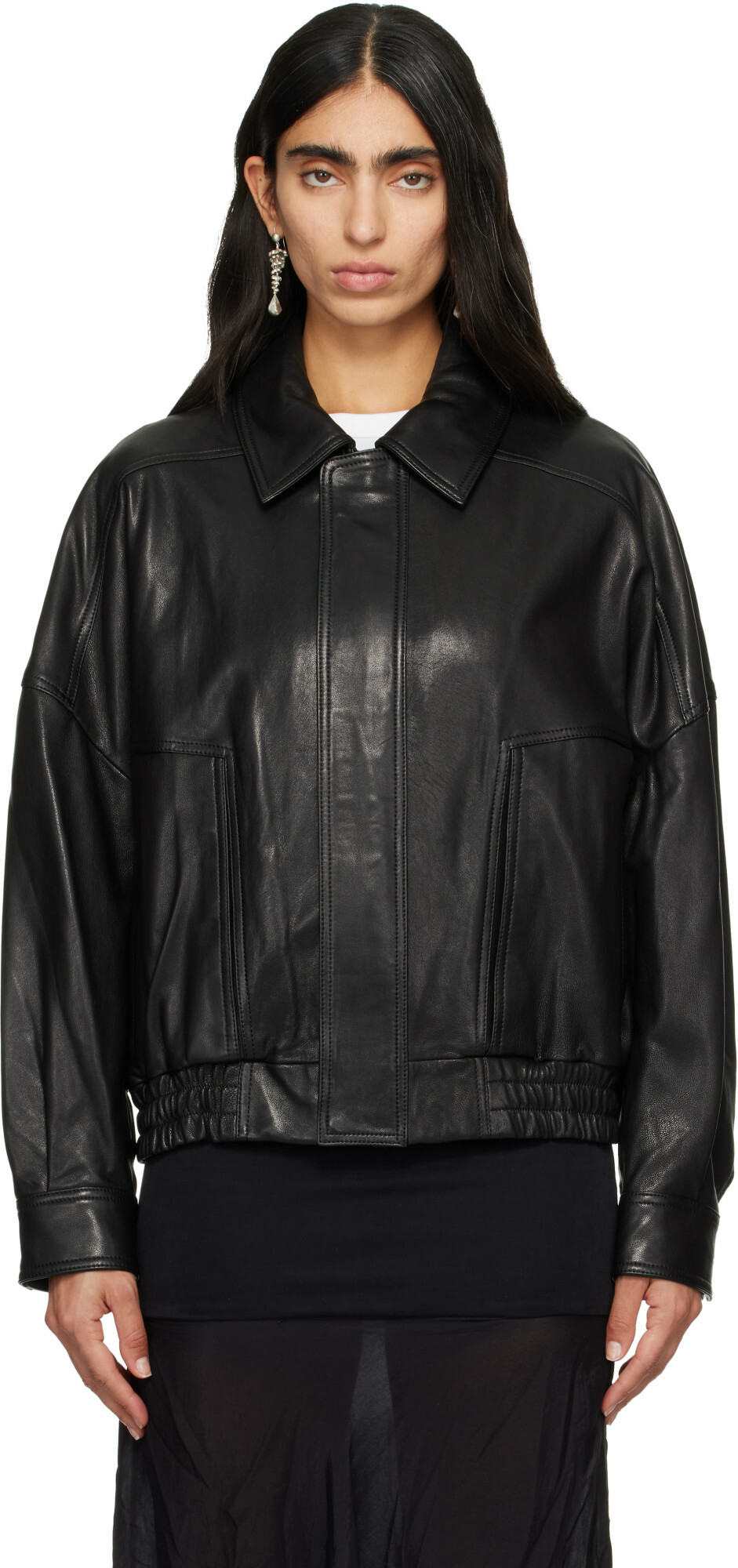 Nour Hammour Black Dalma Leather Bomber Jacket