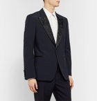 Alexander McQueen - Navy Slim-Fit Silk-Satin Jacquard-Trimmed Wool and Mohair-Blend Suit Jacket - Blue