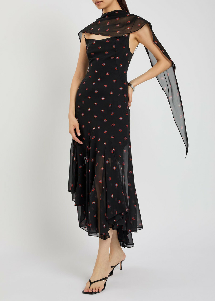 Liberowe Aubrey Floral-print Asymmetric Silk Midi Dress Black