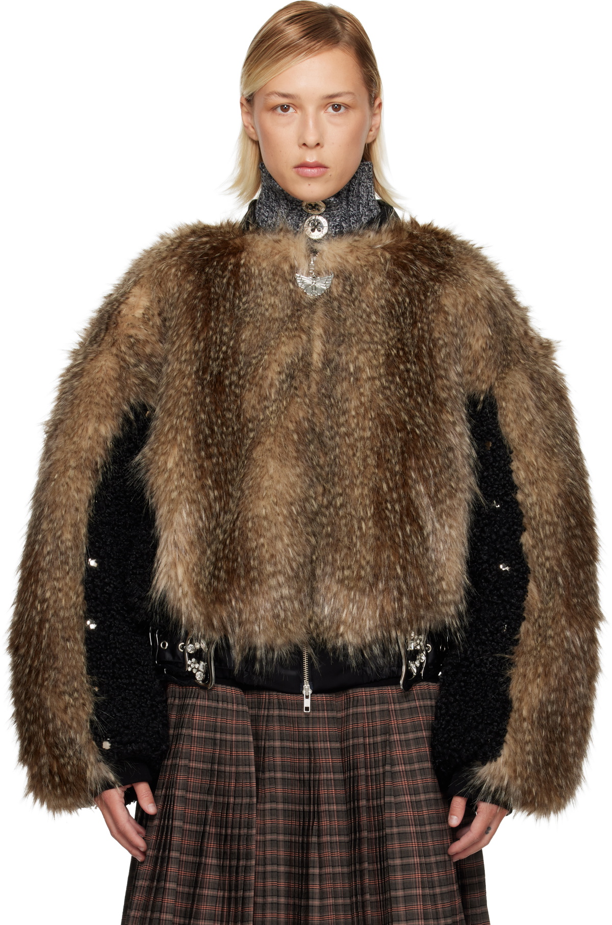 Chopova Lowena Black & Beige French Kiss Faux-Fur Bomber Jacket