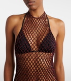 Alaïa Floral-appliqué open-knit cotton minidress