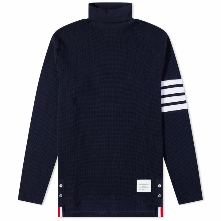 Photo: Thom Browne Men's 4 Bar Waffle Roll Neck in Navy