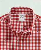 Brooks Brothers Men's Washed Cotton Poplin Button-Down Collar, Embroidered Gingham, Short-Sleeve Sport Shirt