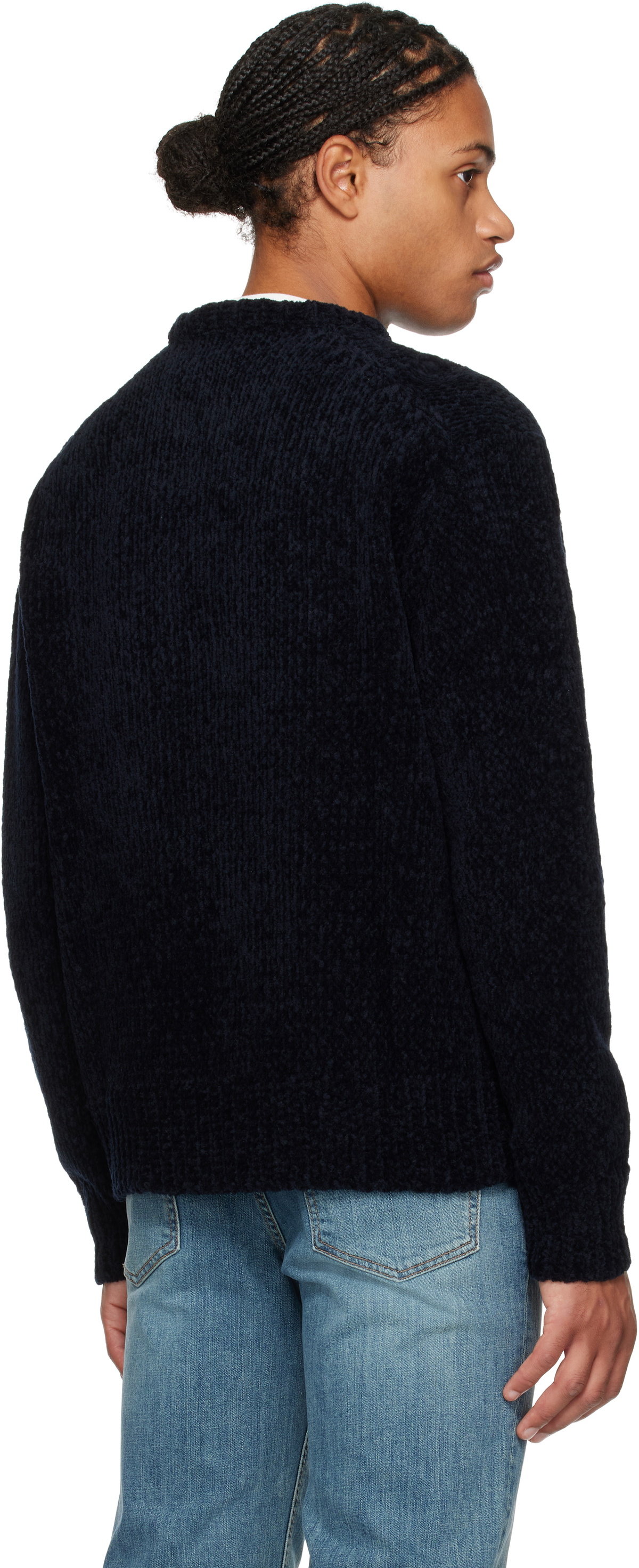 Solid Homme Navy Round Neck Chenille Textured Knit Sweater