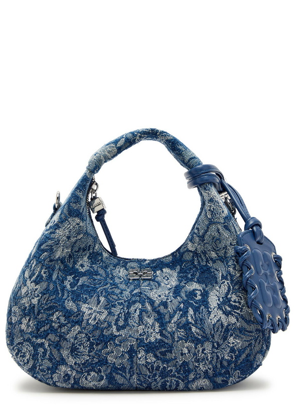 Photo: Ganni Hobo Mini Floral-jacquard Woven top Handle bag - Denim - One Size