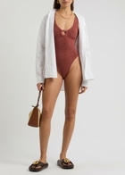 Hunza G - Celine Cut-Out Seersucker Swimsuit, Rose, One Size, V-Neck, Cut-Out Ring Detail, Machine Wash, Hunza G Cut Out