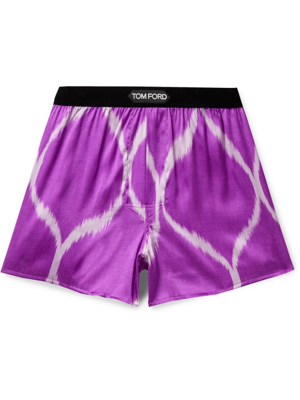 Photo: TOM FORD - Velvet-Trimmed Printed Stretch-Silk Satin Boxer Shorts - Purple