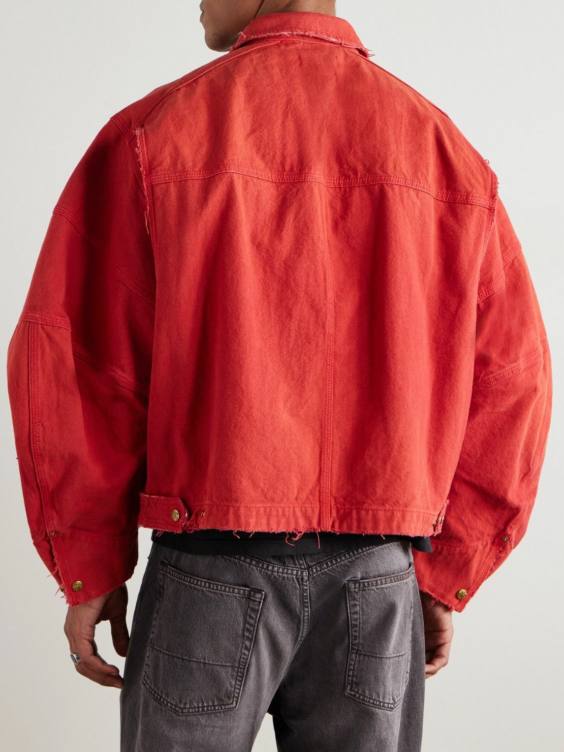 Willy Chavarria - Stockton Cropped Logo-Detailed Distressed Denim Jacket - Red