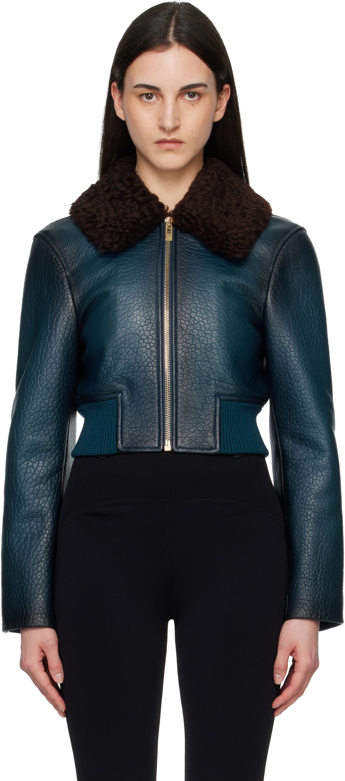 ALAÏA Blue Leather Aviator Bomber Jacket
