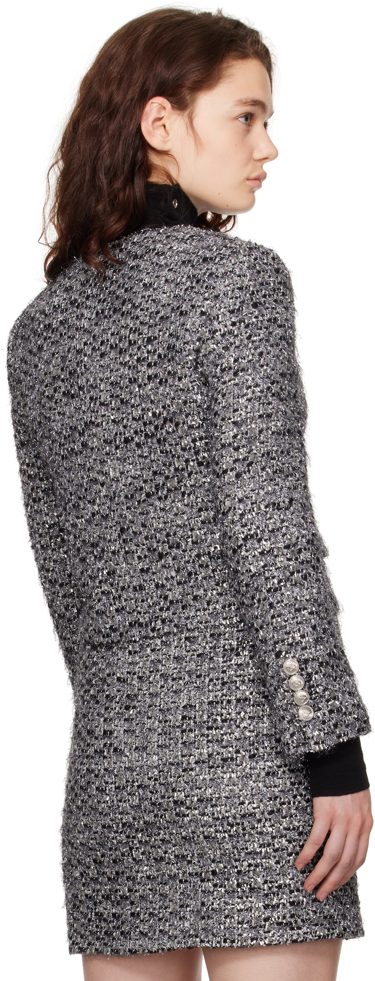 Juun.J Gray Round Neck Crop Tweed Jacket