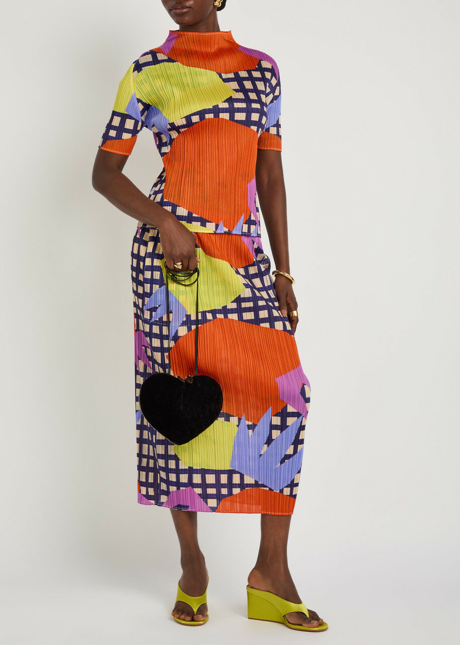 Pleats Please Issey Miyake Printed Pleated Woven Midi Skirt Red