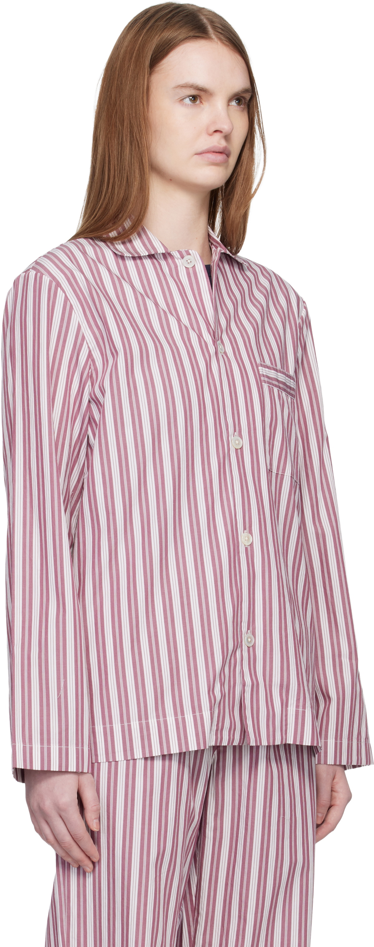 Tekla Pink & Off-White Poplin Long-Sleeved Pyjama Shirt
