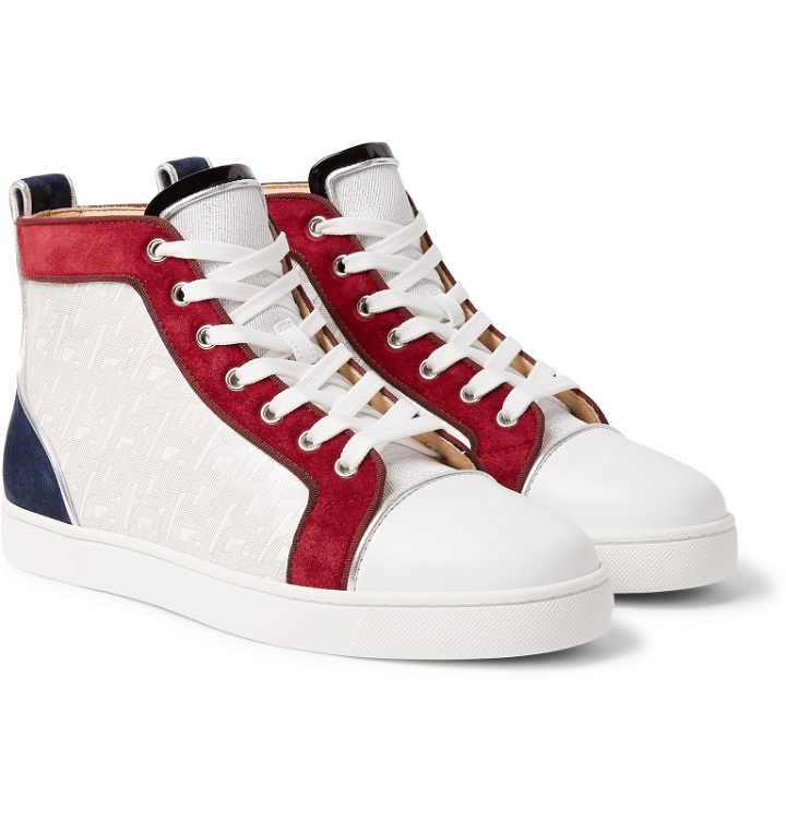 Photo: Christian Louboutin - Louis Orlato Suede, Leather and Denim High-Top Sneakers - White