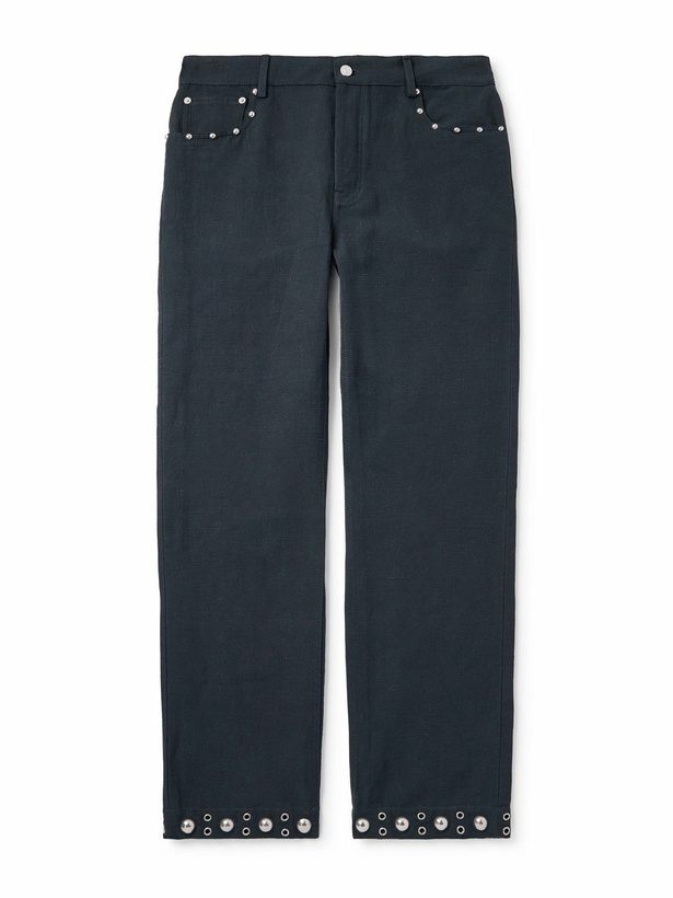 Photo: Valentino Garavani - Straight-Leg Embellished Linen and Cotton-Blend Trousers - Blue