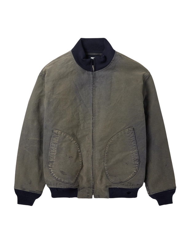 Photo: A.PRESSE - Vintage Distressed Ribbed Wool-Trimmed Denim Bomber Jacket - Green