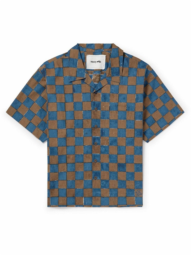 Photo: Story Mfg. - Greetings Camp-Collar Logo-Embroidered Checked Organic Cotton Shirt - Blue