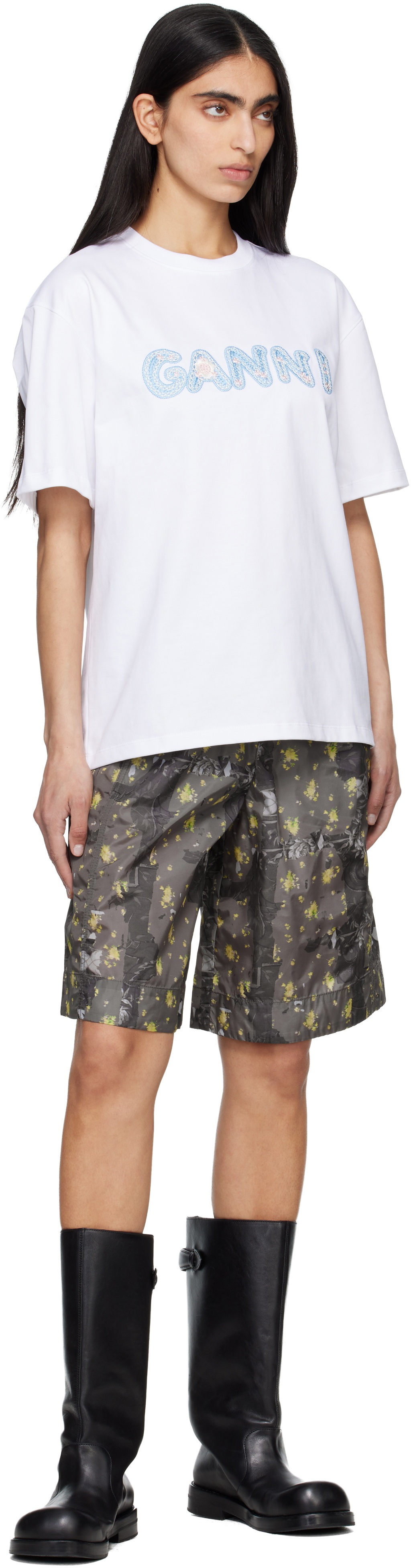 GANNI White Heavy Cotton Relaxed Fit 'Ganni' T-shirt