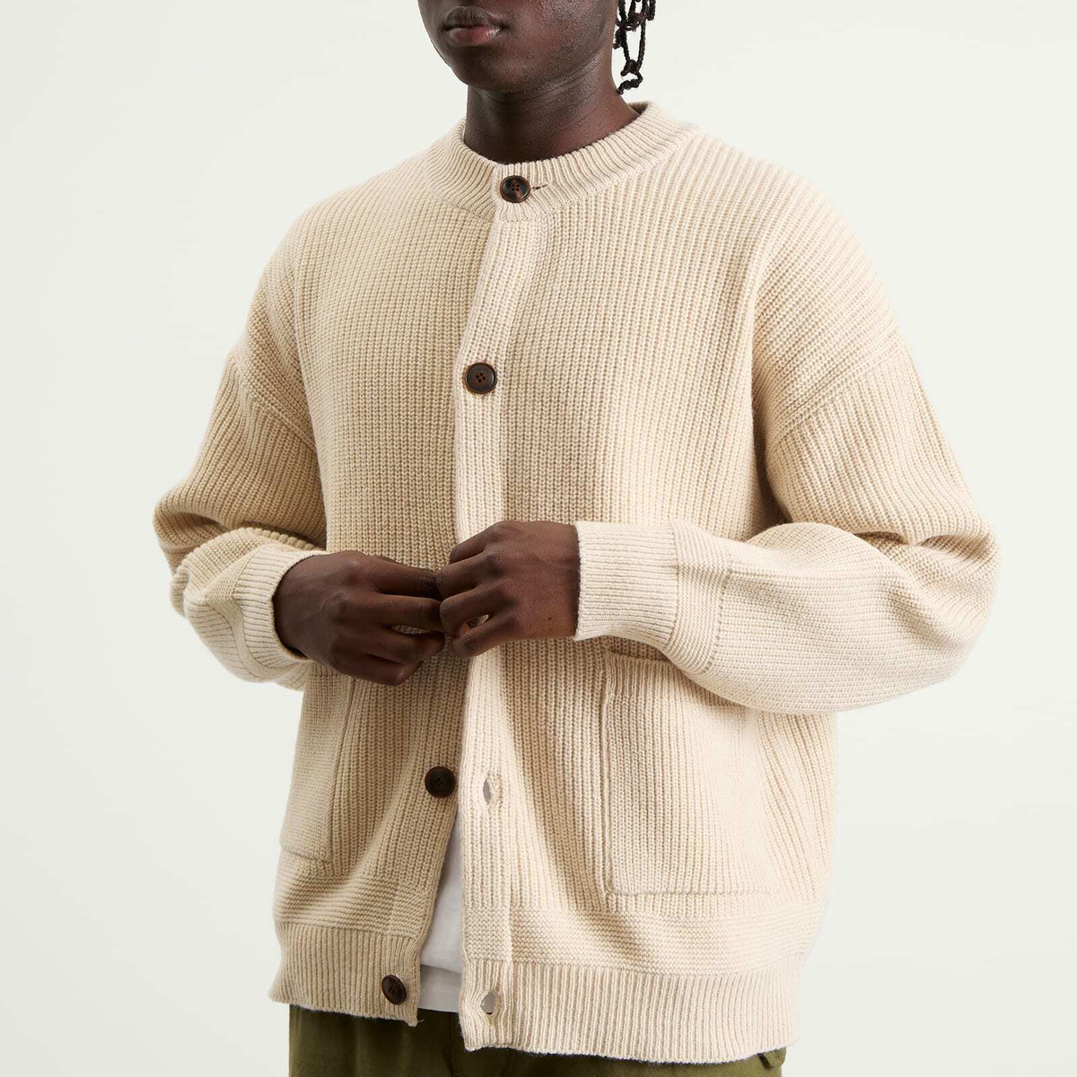 FrizmWORKS Men's Heavy Wool Round Cardigan in Cream
