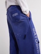 Satoshi Nakamoto - Luke Logo-Printed Paint-Splattered Distressed Cotton-Jersey Drawstring Sweatpants - Blue