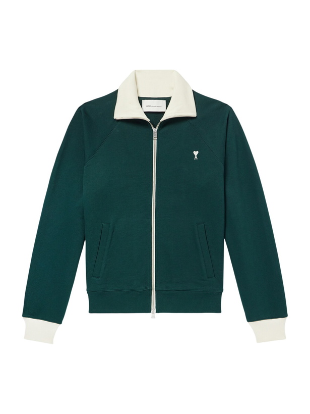 Photo: AMI PARIS - Logo-Embroidered Cotton-Jersey Zip-Up Sweatshirt - Green