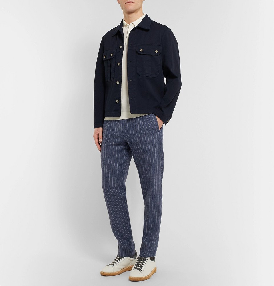 Lardini - Tapered Pleated Pinstriped Linen Drawstring Trousers - Men ...