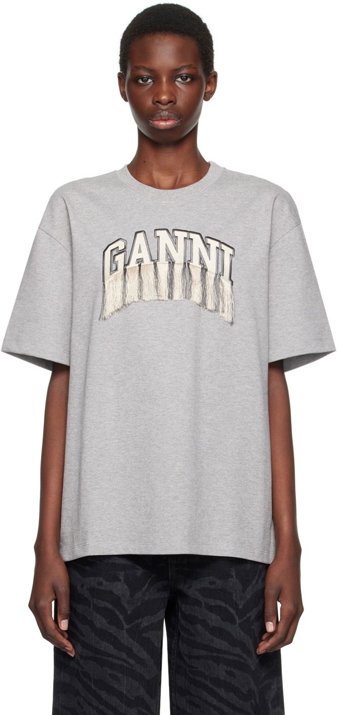 GANNI Gray Fringe T-Shirt GANNI