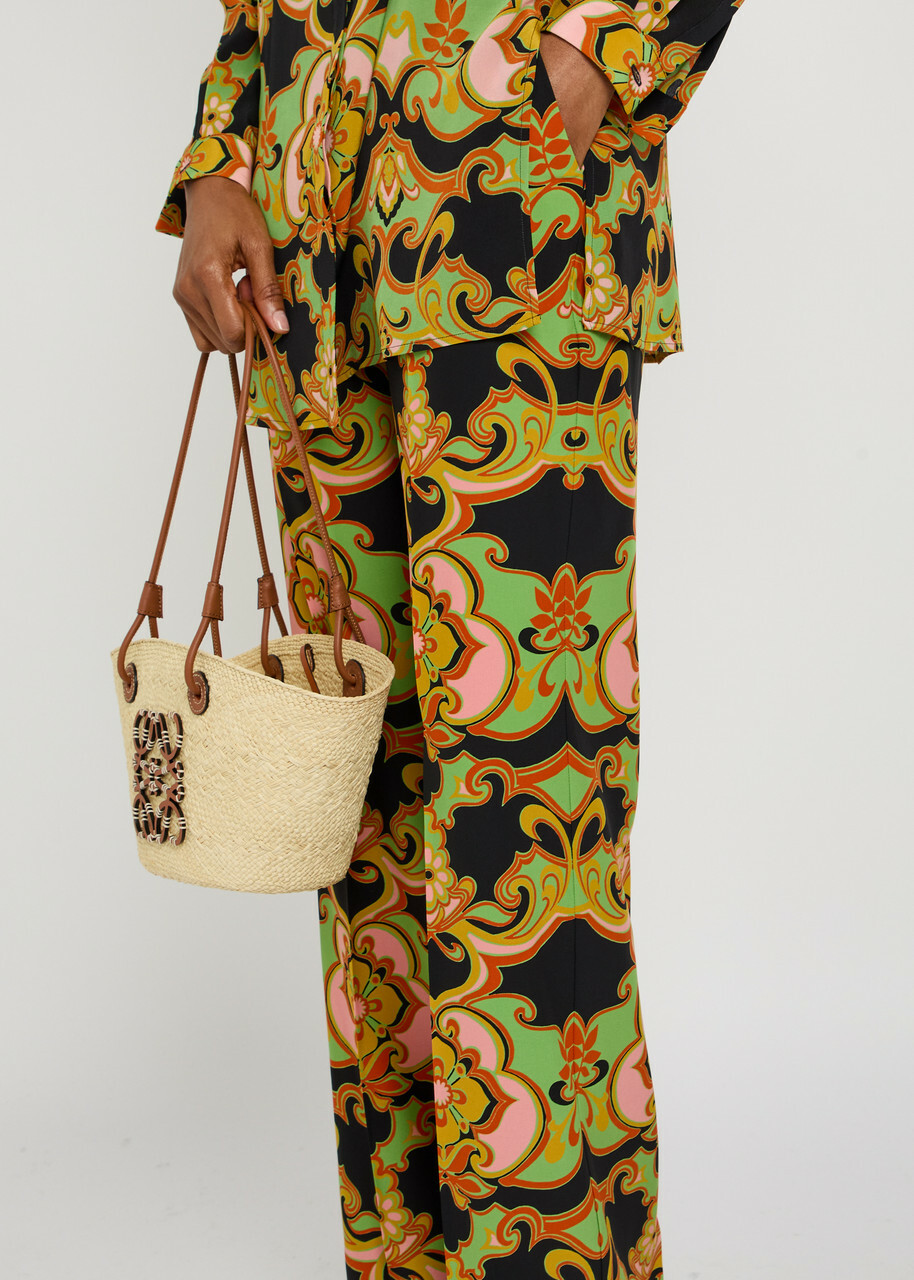 Etro Patterned Straight-leg Silk Trousers Black