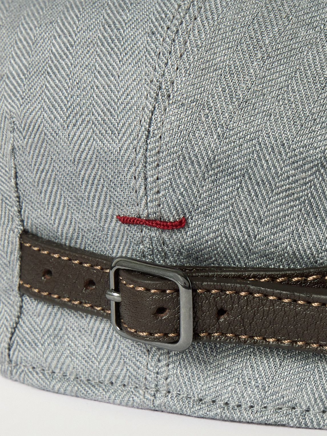 Brunello Cucinelli Leather Trimmed Herringbone Linen Flat Cap Gray brunello-cucinelli-leather-trimmed-herringbone-linen-flat-cap-gray