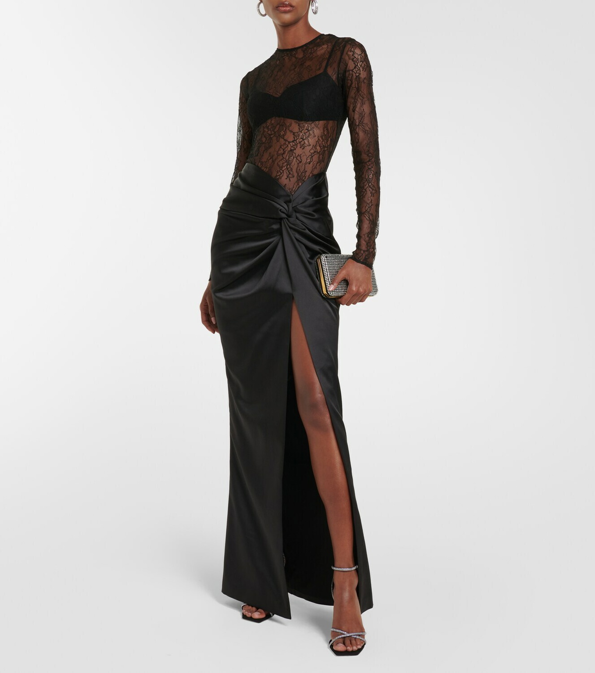 chinese dress ladies Satin and Lace Corset Maxi Dress 44 (FR) / Black