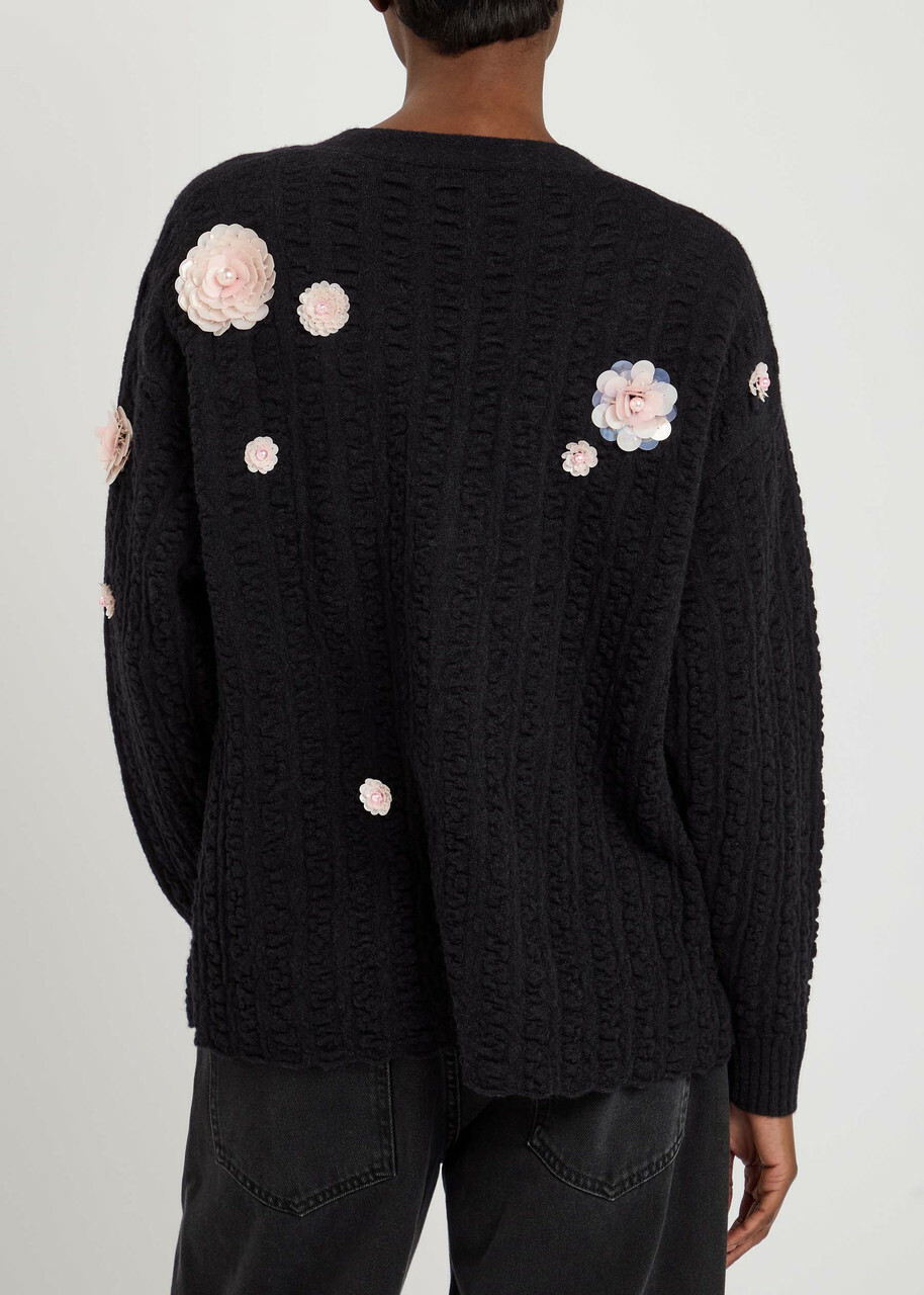 Bernadette Cammi Floral-embellished Wool-blend Cardigan Black
