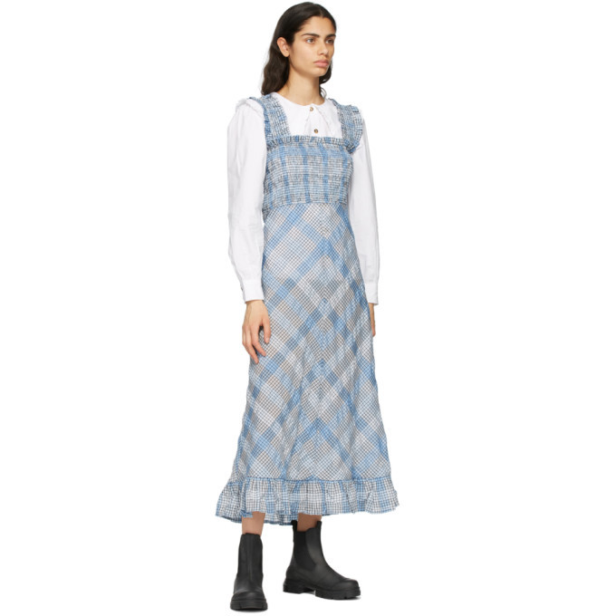 GANNI Blue Seersucker Check Long Dress GANNI