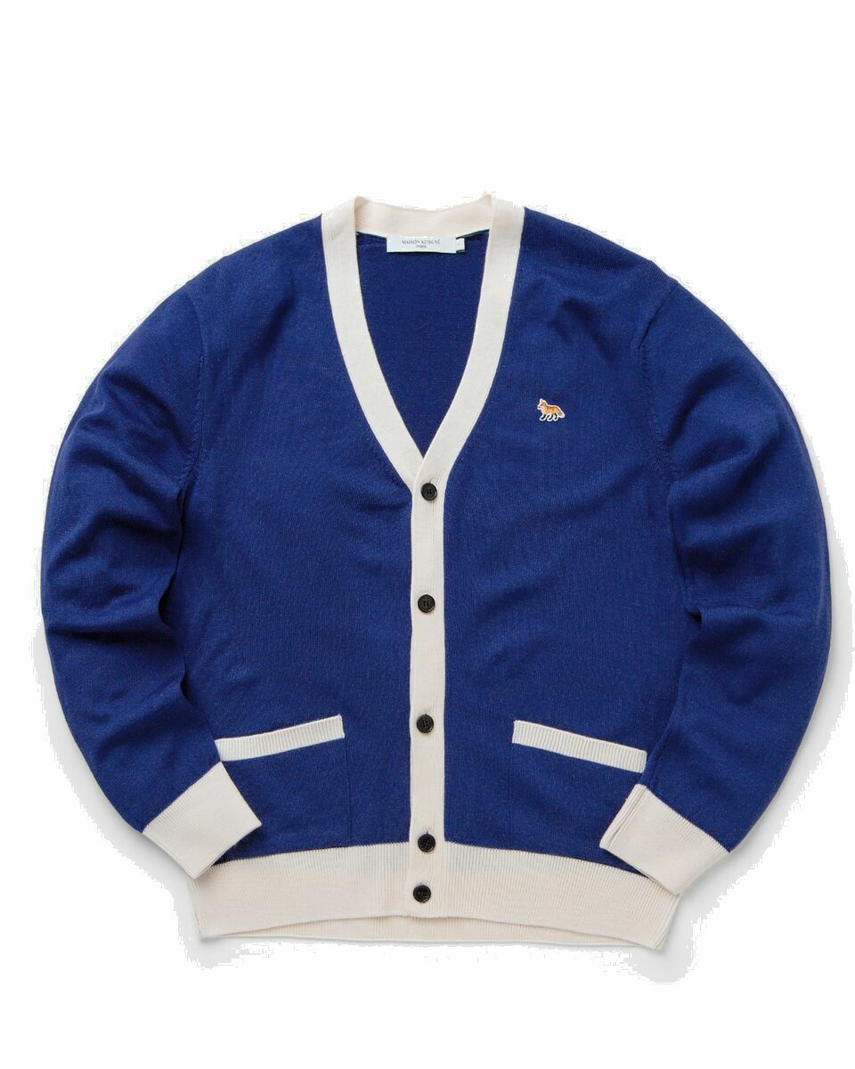 Photo: Maison Kitsune Baby Fox Patch Bi Color Classic Cardigan Blue - Mens - Zippers & Cardigans