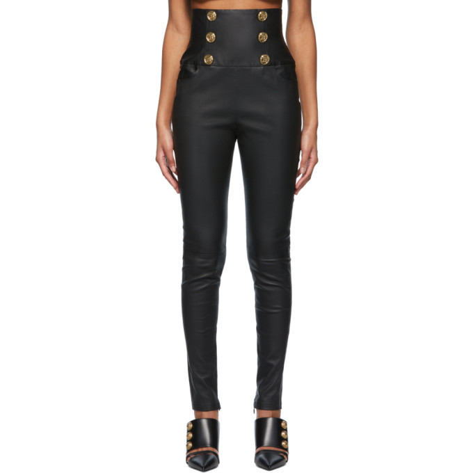 Photo: Balmain Black Leather High-Waisted Skinny Pants