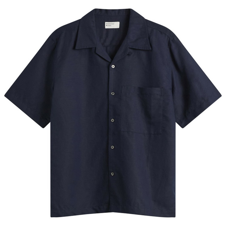 Photo: Universal Works Men's Linen Cotton Camp Shirt in Navy