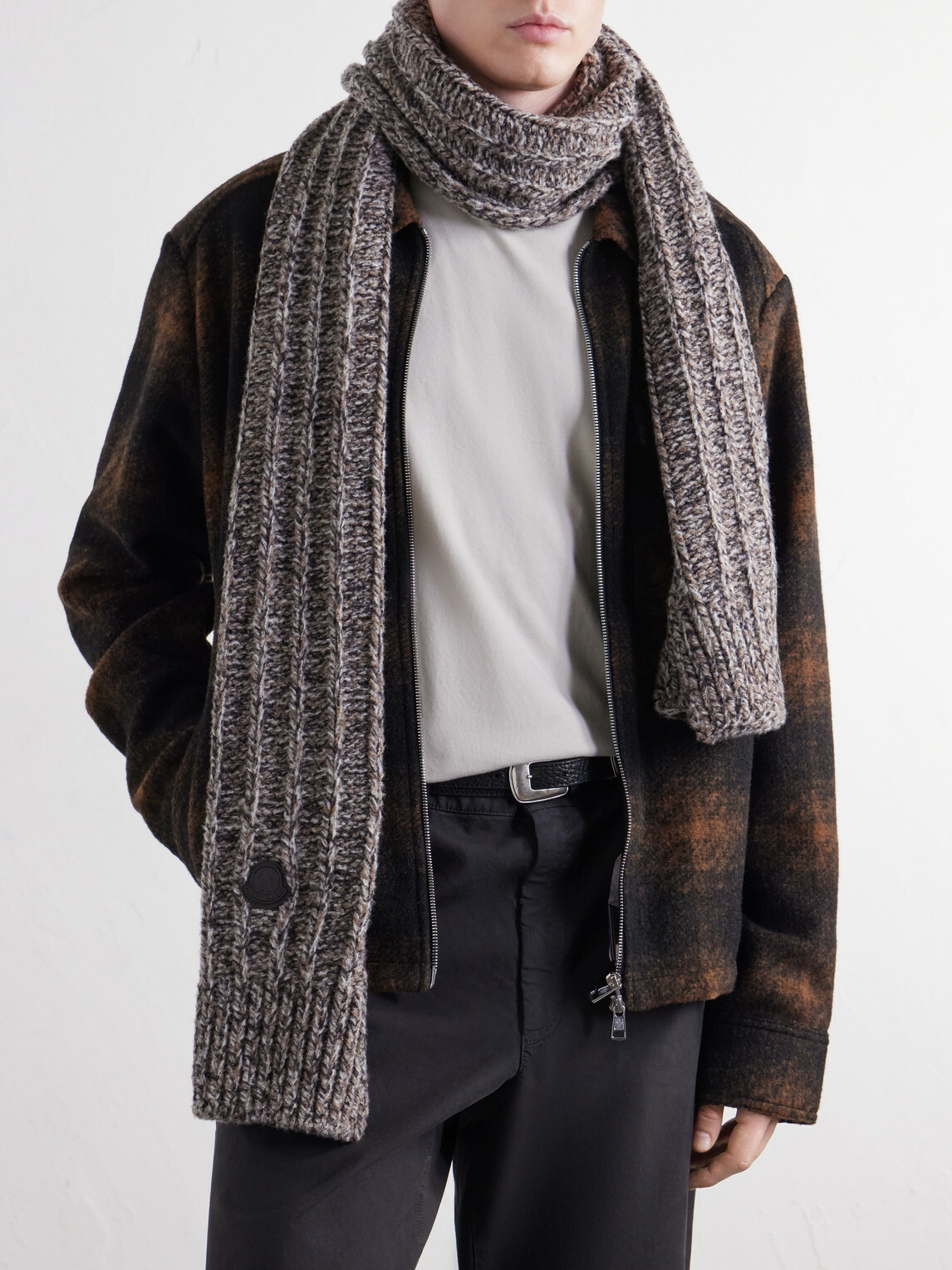 Moncler - Logo-Appliquéd Ribbed Wool-Blend Scarf - Brown