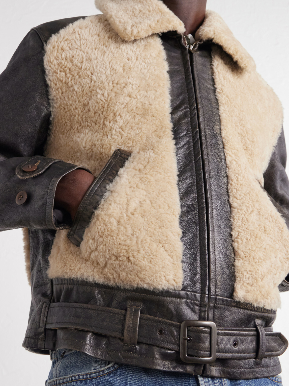 RRL - Geronimo Belted Shearling-Trimmed Leather Jacket - Brown