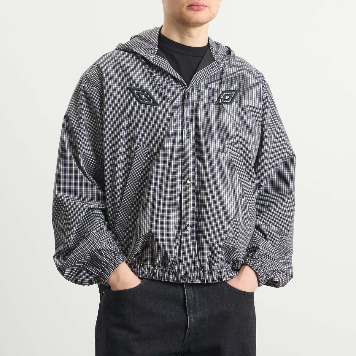 Umbro by Slam Jam Men's Gingham Masked Hooded Shirt Jacket in Coffee Brown/White/Black