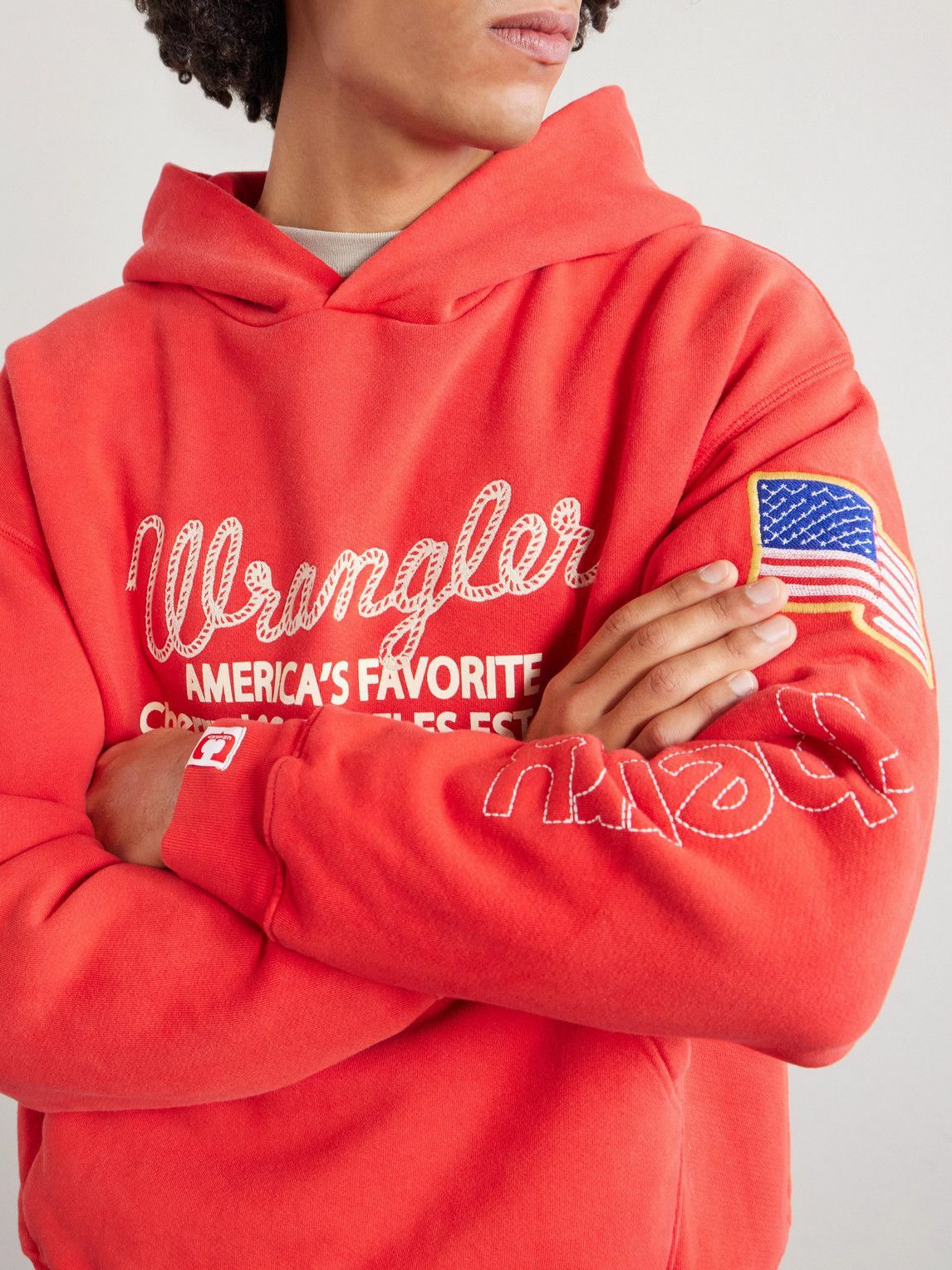Cherry Los Angeles - Wrangler America's Favorite Logo-Embroidered Printed Cotton-Fleece Hoodie - Red