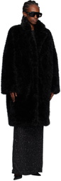 Pushbutton Black Notched Lapel Faux-Fur Coat