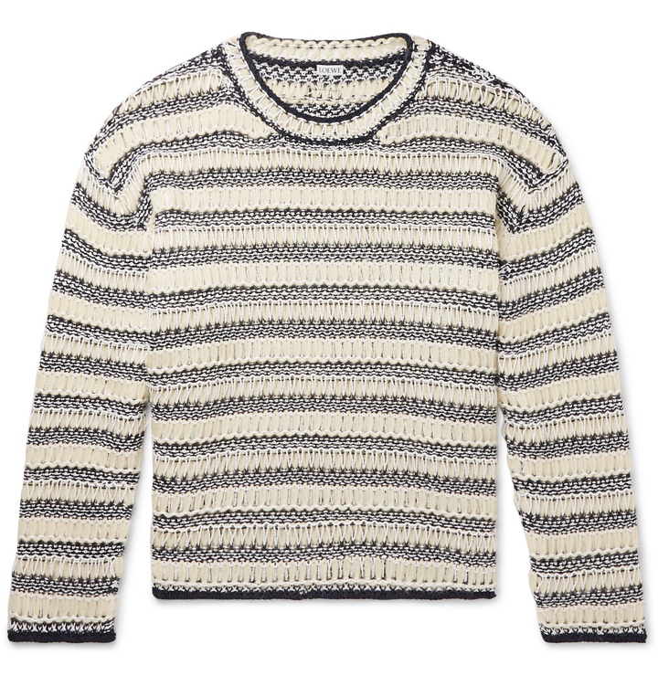 Photo: Loewe - Open-Knit Striped Cotton and Wool-Blend Sweater - Blue