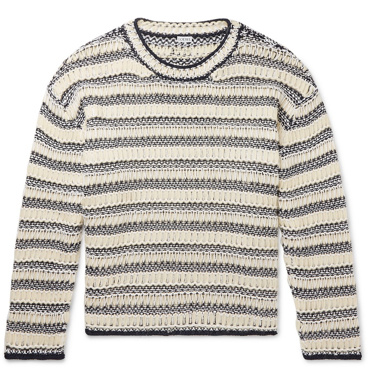 Photo: Loewe - Open-Knit Striped Cotton and Wool-Blend Sweater - Blue