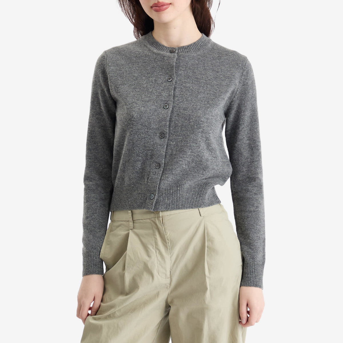 DUNST Women's Essential Crewneck Knit Cardigan in Melange Grey