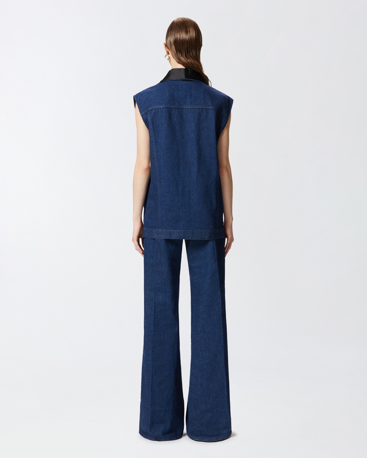Pinko Denim Vest With Black Satin Lapel Collar Mid Wash