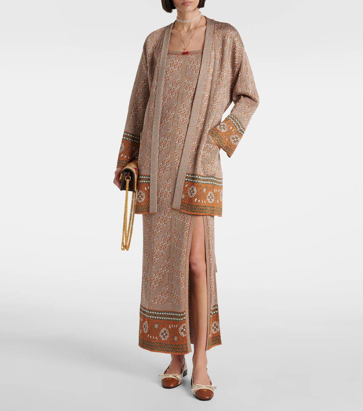 【VALENTINO】maxi stud cashmere and wool-blend jacquard wrap Valentino Jacquard lamé wrap cardigan Valentino