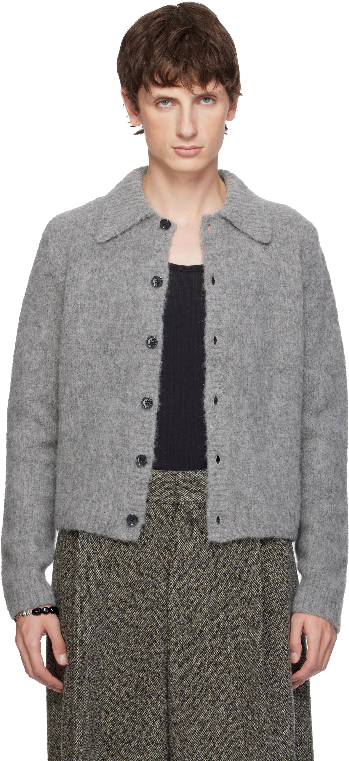 Dries Van Noten Gray Cropped Wool Cardigan