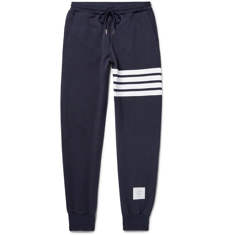 Photo: Thom Browne - Tapered Striped Loopback Cotton-Jersey Sweatpants - Men - Navy