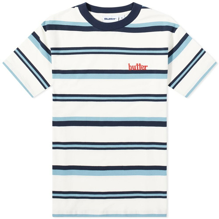 Photo: Butter Goods Men's Base Stripe T-Shirt in White/Navy/Blue