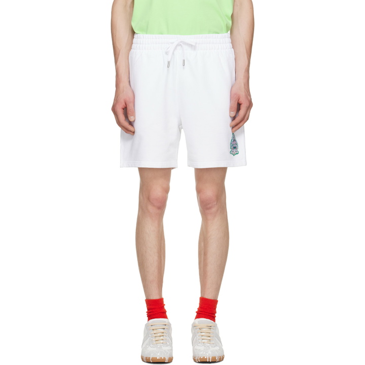 Photo: Casablanca White Hotel Emblem Embroidery Patch Sweat Shorts
