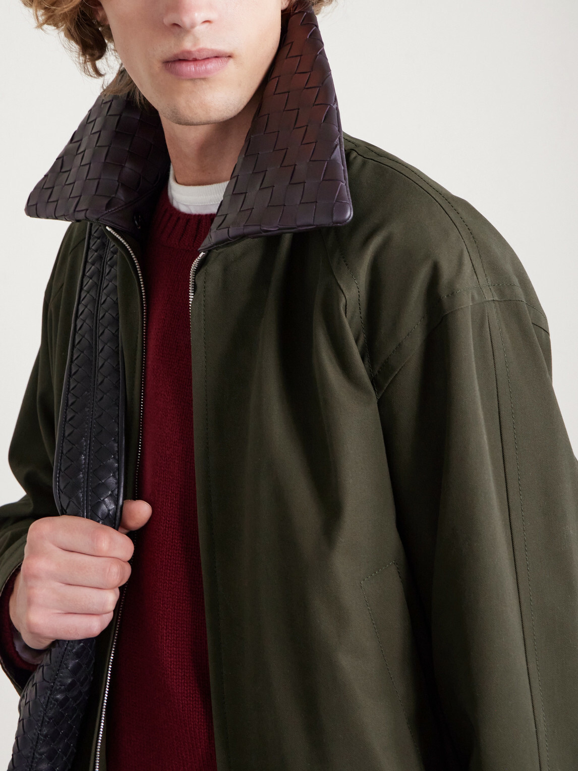 Bottega Veneta - Intrecciato Leather-Trimmed Cotton-Twill Blouson Jacket - Green